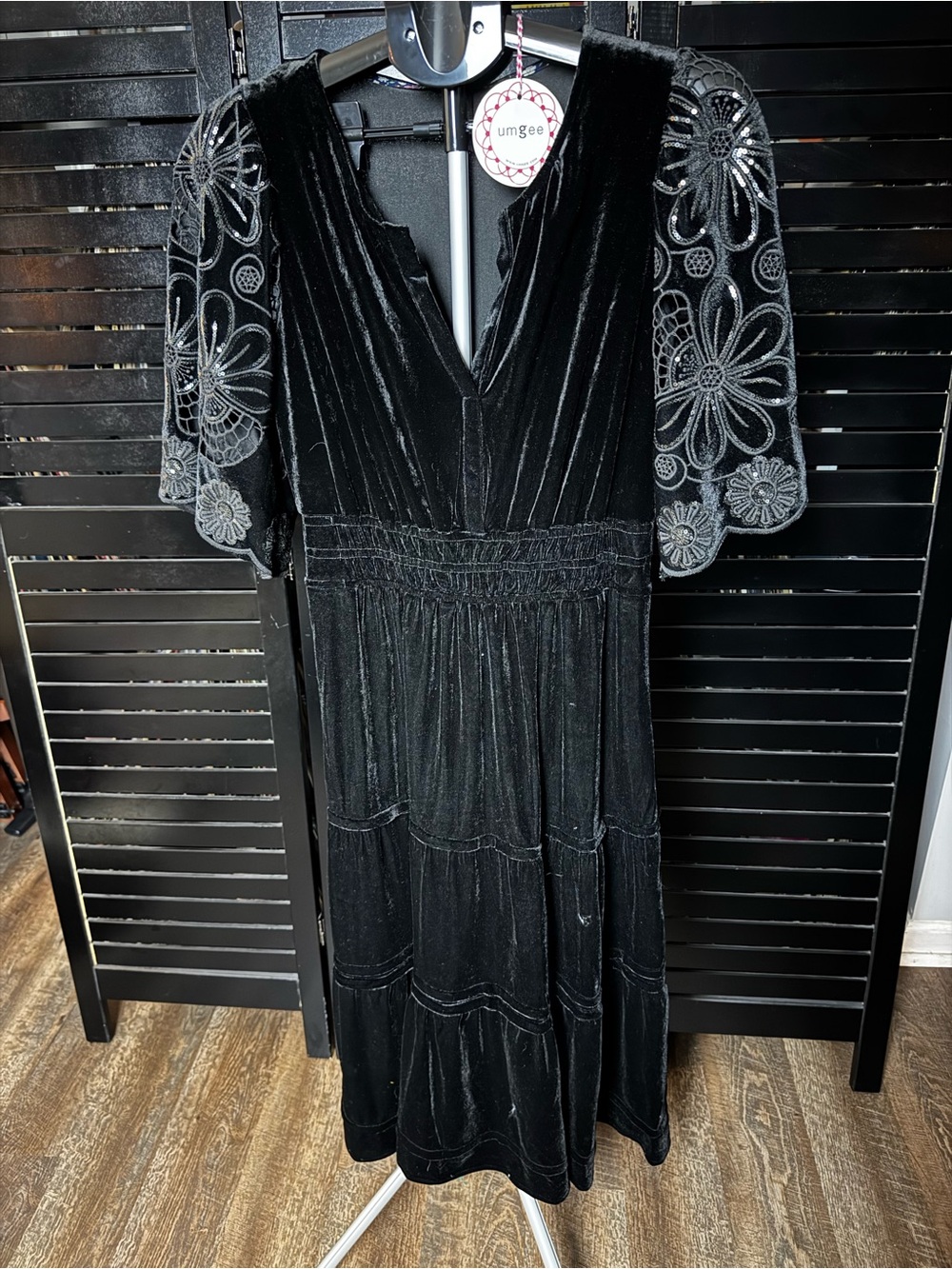 Umgee Black Velvet Midi Dress with Embroidered Floral Sleeves